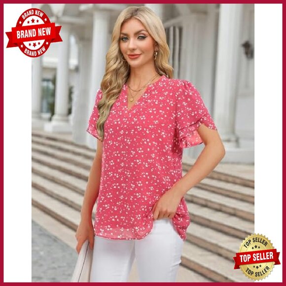 Chiffon Blouse Petal Sleeve V Neck Work Casual Summer Top - Picture 6 of 7